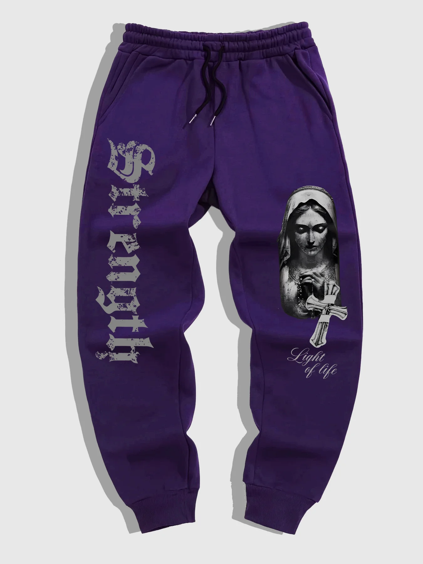 Distressed Vertical Text Religious Graphic Jogger Pants Hip Hop Cuffed Sweatpants For Daily Street Wear