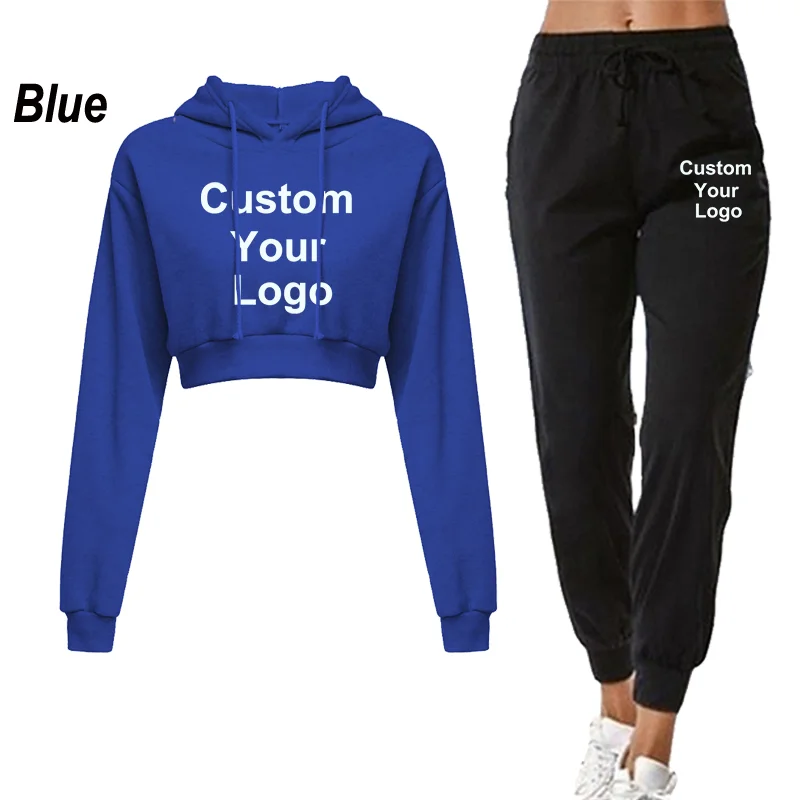 New Women Customize Your Logo Tracksuit Crop Tops Hoodie and Pants Casual Sport Suit Winter 2 Piece Set Jogging Suit