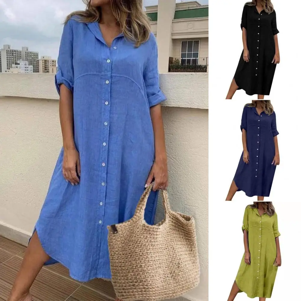 

Dress Women Lapel Dress Stylish Midi Dress for Women Single-breasted Loose Fit with Half Sleeves Turn-down Collar for Wear