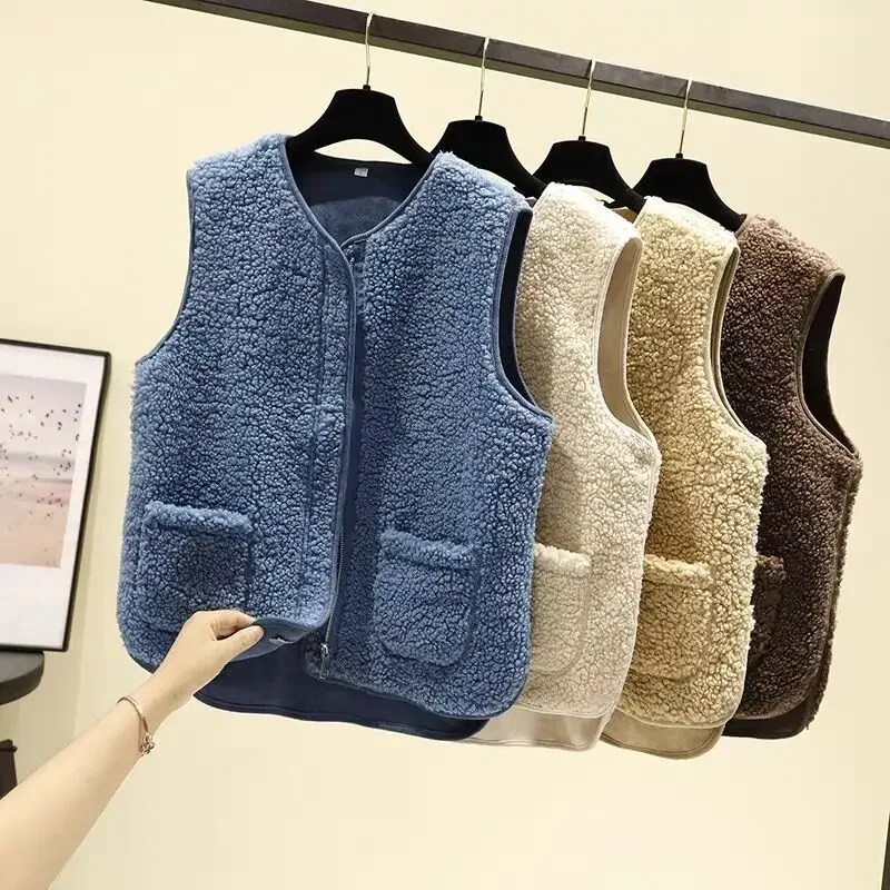 

Vests New Spring Autumn Women Button Waistcoat Lamb Hair Winter Thermal Warm Thick Fleece Vests Sleeveless Jacket Ladies Coats