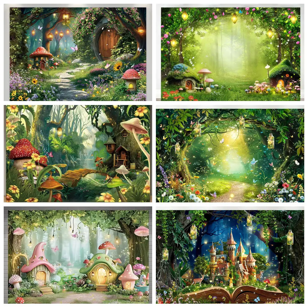 

Enchanted Forest Photography Backdrop Fairy Tale Mushroom Jungle Dreamy Wonderland Baby Birthday Party Background Photo Studio