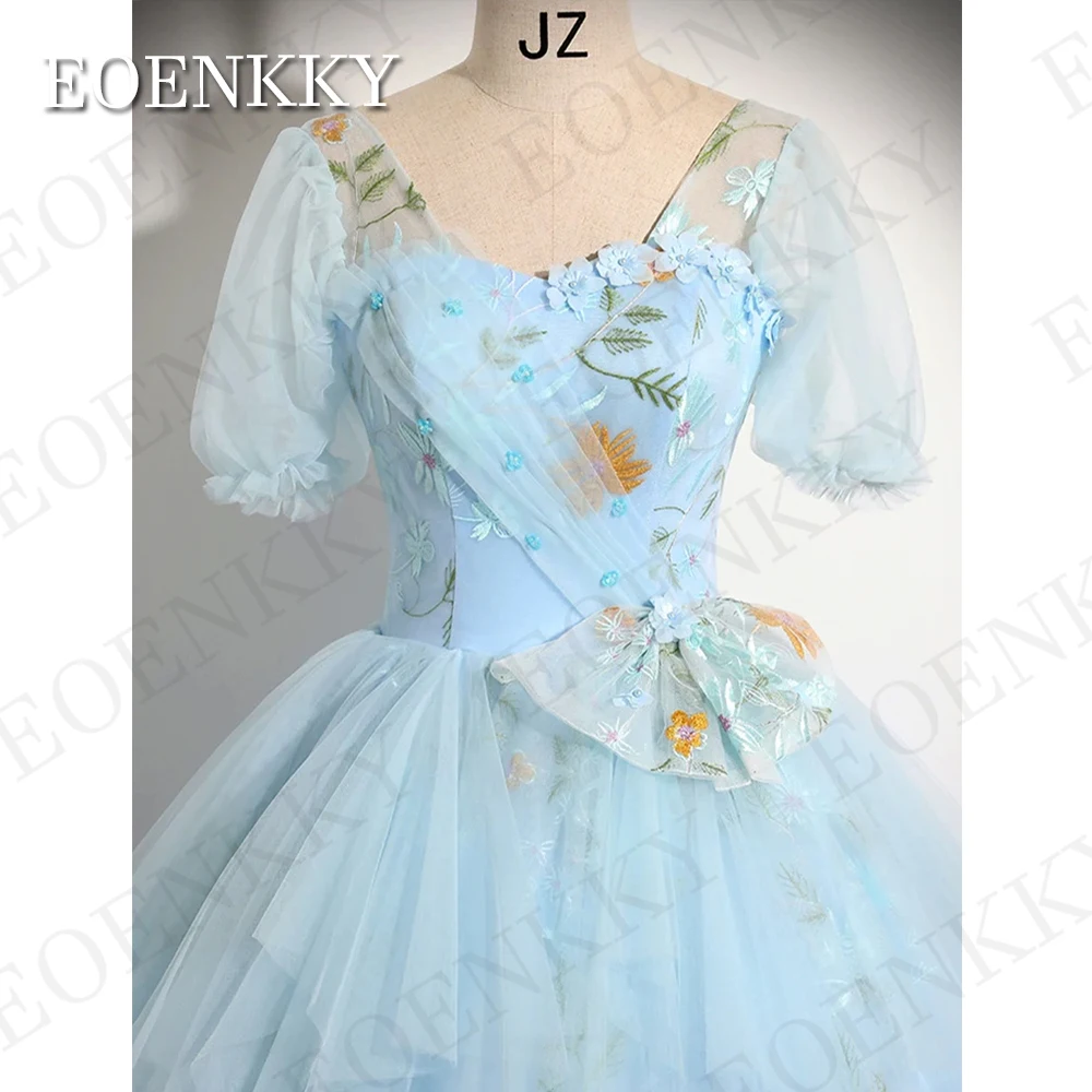 Blue Puff Sleeves Prom Dresses Floral Embroidery A Line Tulle Sweetheart Neck Evening Formal Occasion Dress vestidos de gala