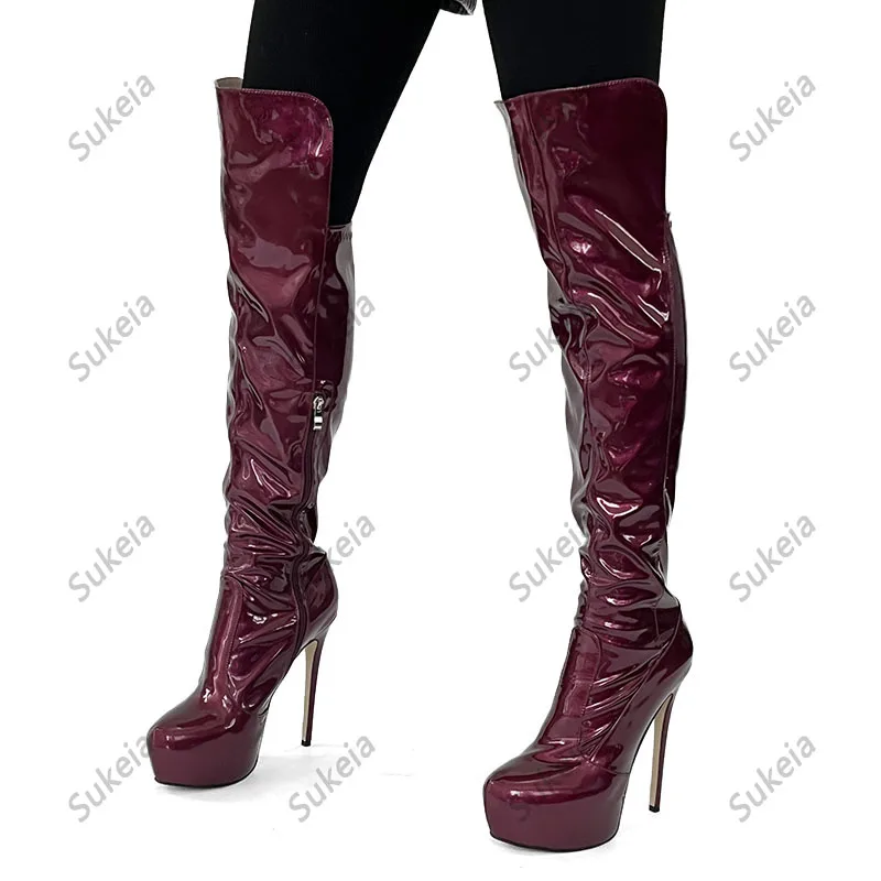 Sukeia New Women Winter Over Knee Boots Hidden Platform Stiletto Heels Round Toe Pretty Fuchsia Club Shoes Ladies US Size 5-20