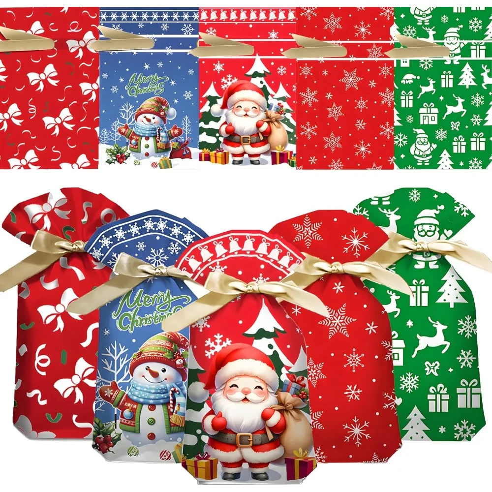 

50 Pcs Christmas Treat Bags Drawstring, 5.8x9x2.4inch Small Xmas Gift Bags for for Birthday Merry Holiday Party Snack Pack