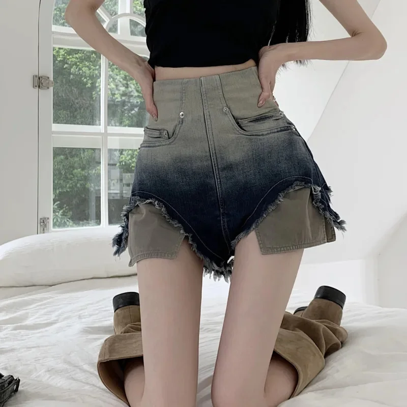 Women's High Waist Denim Shorts Gradient Pocket Design Jeans Raw Edge Fake Two Piece Y2k Streetwear Fashion