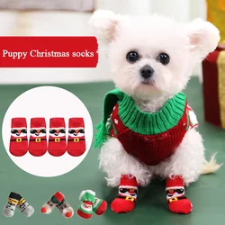 4Pcs Christmas Cat Dog Socks Non-Slip Soles Pet Socks Set Small Dogs Cat Socks Puppy Knitted Paw Protector Soft Warm Cute Shoes