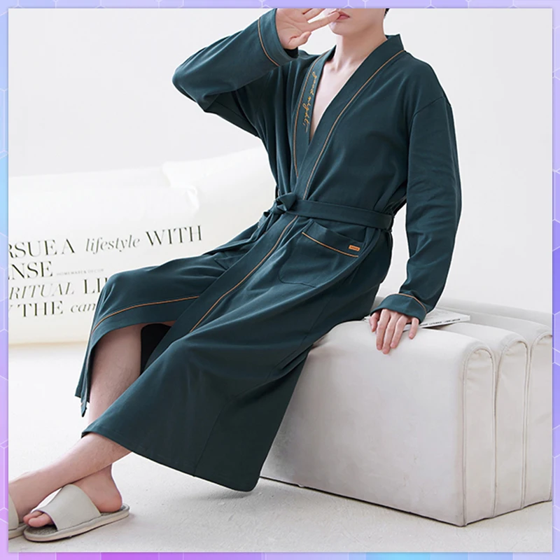 

Spring Autumn Men's Cotton Bathrobe Solid Long Kimono Robe Man Casual Bathrobes Soft Dressing Gown Comfortable Nightie Pajamas