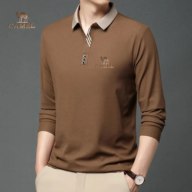 camel Business Casual Long Sleeved Shirt Solid Color Polo Shirt Fashionable Breathable Comfortable Versatile Toppolo t shirt for