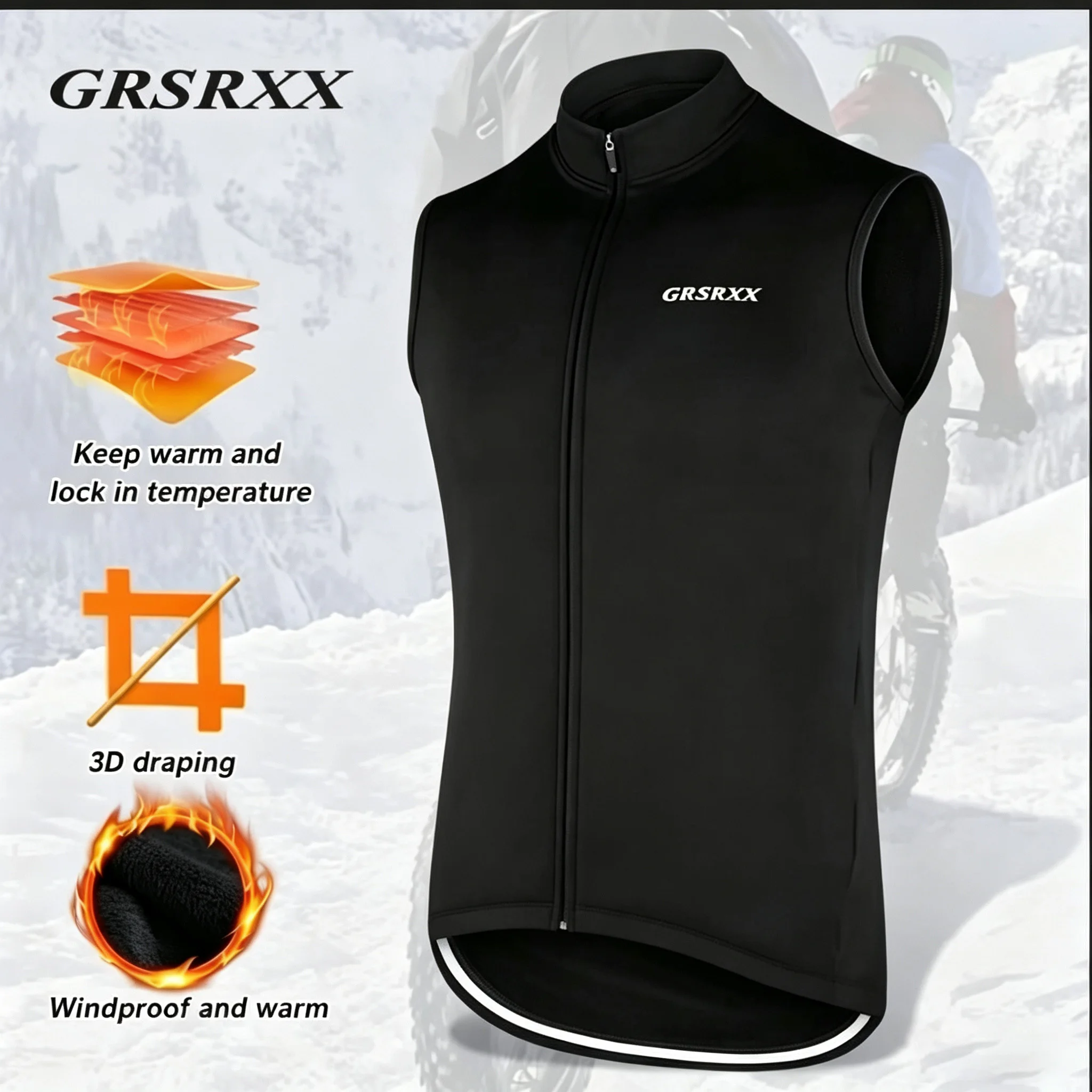 GRSRXX Winter Cycling Jacket Men Thermal Fleece Sleeveless Bicycle Vest Windproof Racing MTB Road Coat Vest Reflective 3 Pockets