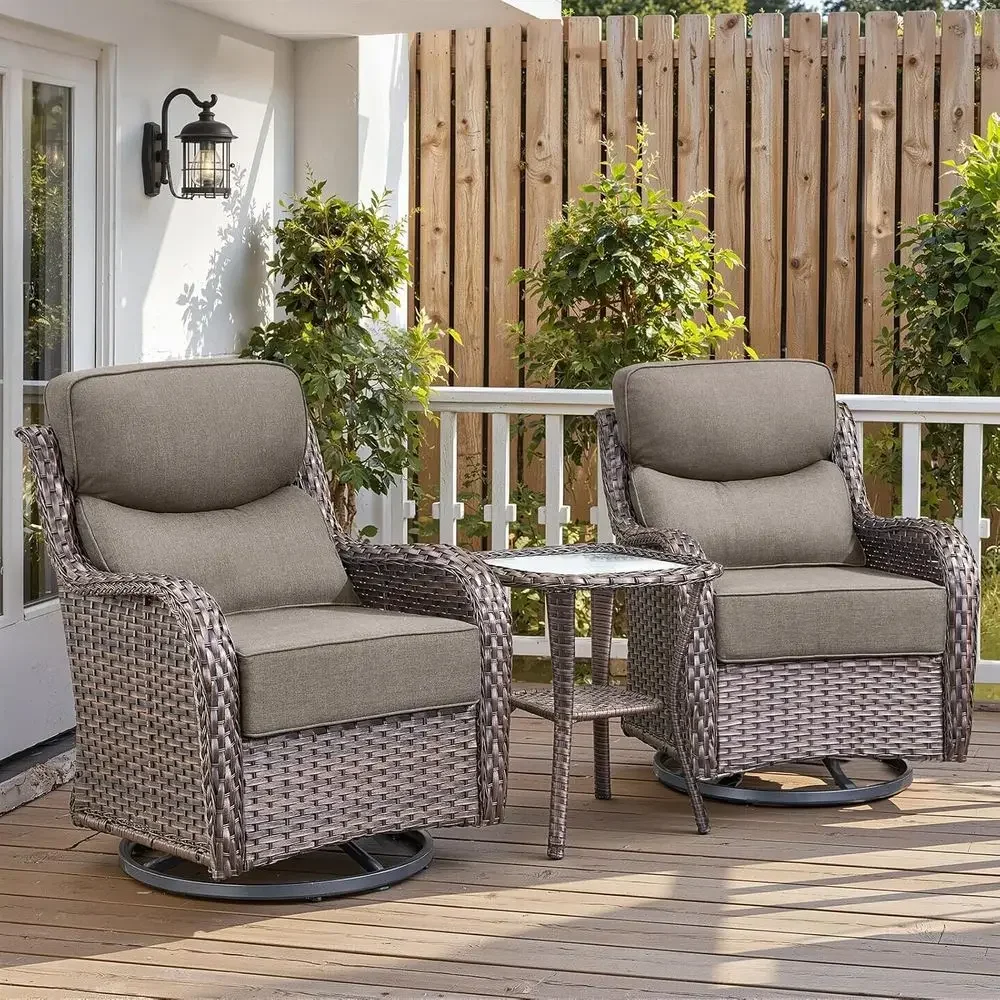 6 Thick Cushioned Swivel Rocker Patio Chairs with Side Table, High Back Wicker Furniture Set, Ergonomic Zone Back, Glider Deck P