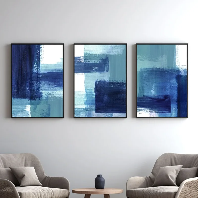 Teal and Navy Blue Brush Strokes Abstract Artwork Posters Print Canvas Painting Modern Wall Art Picture for Living Room Decor