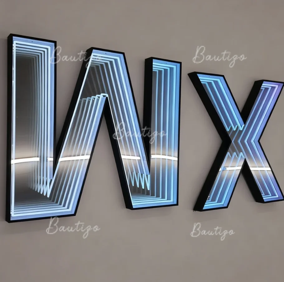 

Custom Infinity Mirror Metal Decor Wall Art of Murals Personalized LED Sign Modern Text or Lighted Logo 3D Letter Advertising