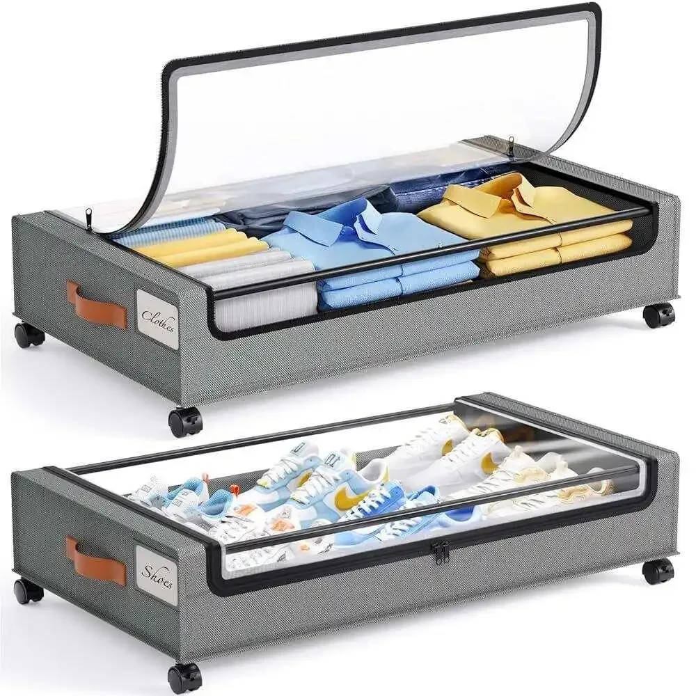 2Pcs Under Bed Storage Box with Silent Wheels and Clear Lids Rolling Underbed Organizer Bins Drawers for Clothes Shoes Toys Blankets Space Saving Home Closet Wardrobe Organization Black