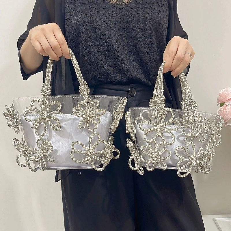 Transparent PVC Diamond-encrusted Flowers Women Handbag Designer Rhinestone Bucket Bag Female Party Wedding Clutch Tote Bag