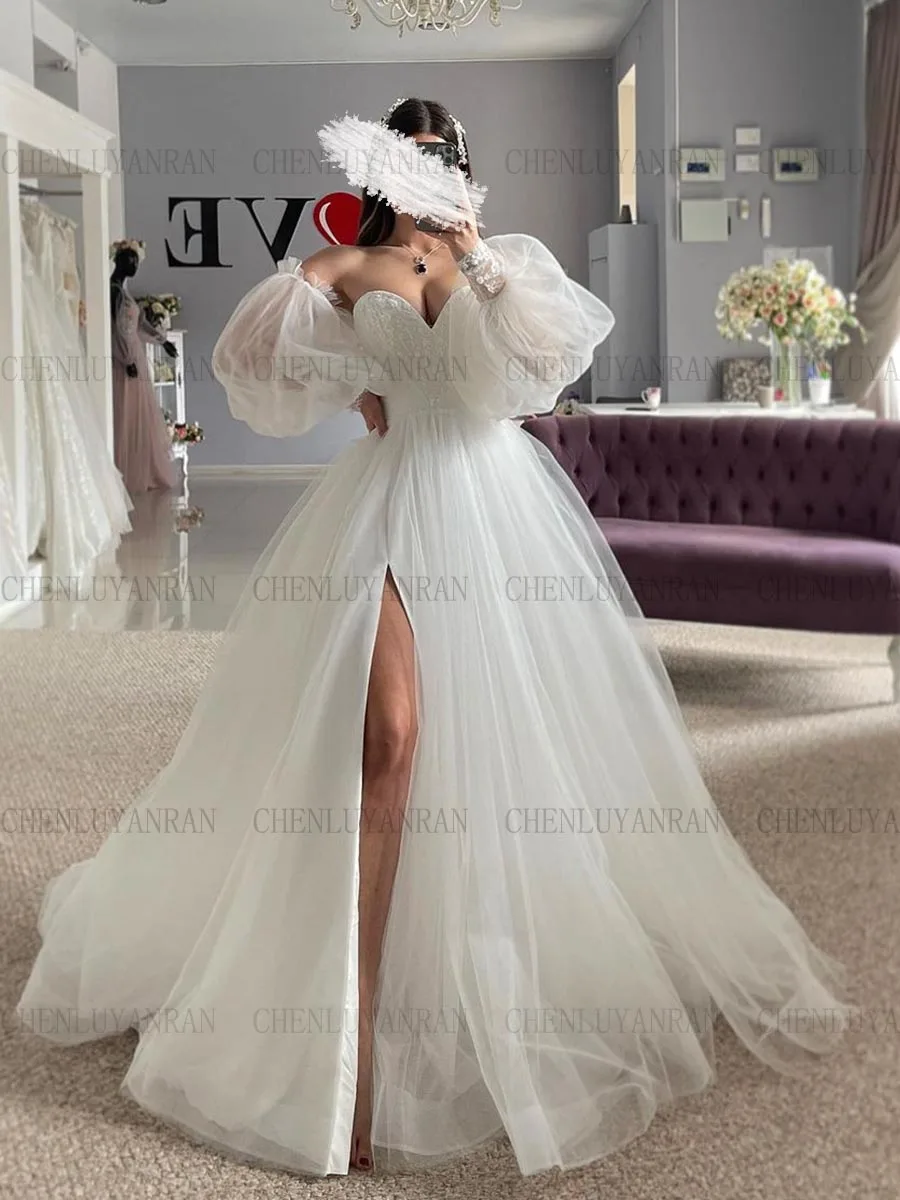 

Beach Sweetheart Wedding Dresses Applique Tulle Long Bride Dresses Split Puffy Sleeves Sexy Dress For Women 2023 Robe De Mariée