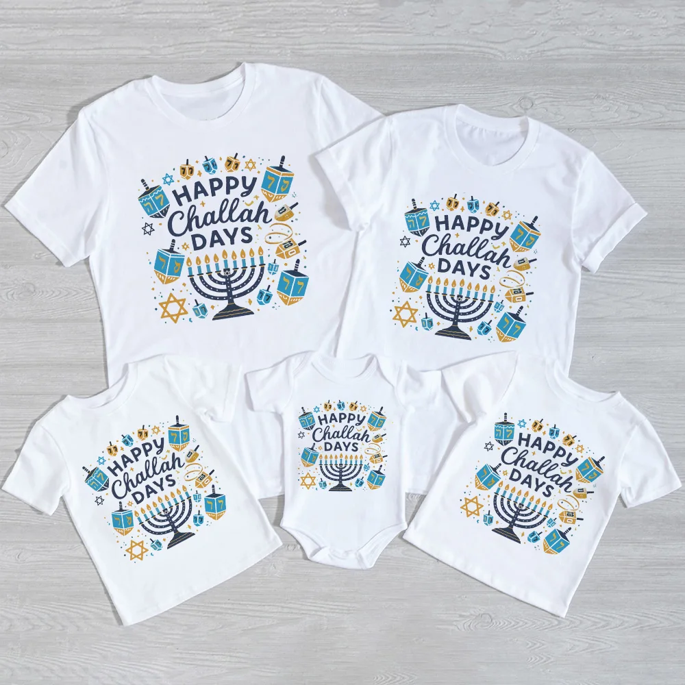 Happy Challah Days Print Shirts Jewish Holiday Hanukkah Family Matching Outfit Chanukah Dad Mom Kids Tee & Baby Together Clohtes