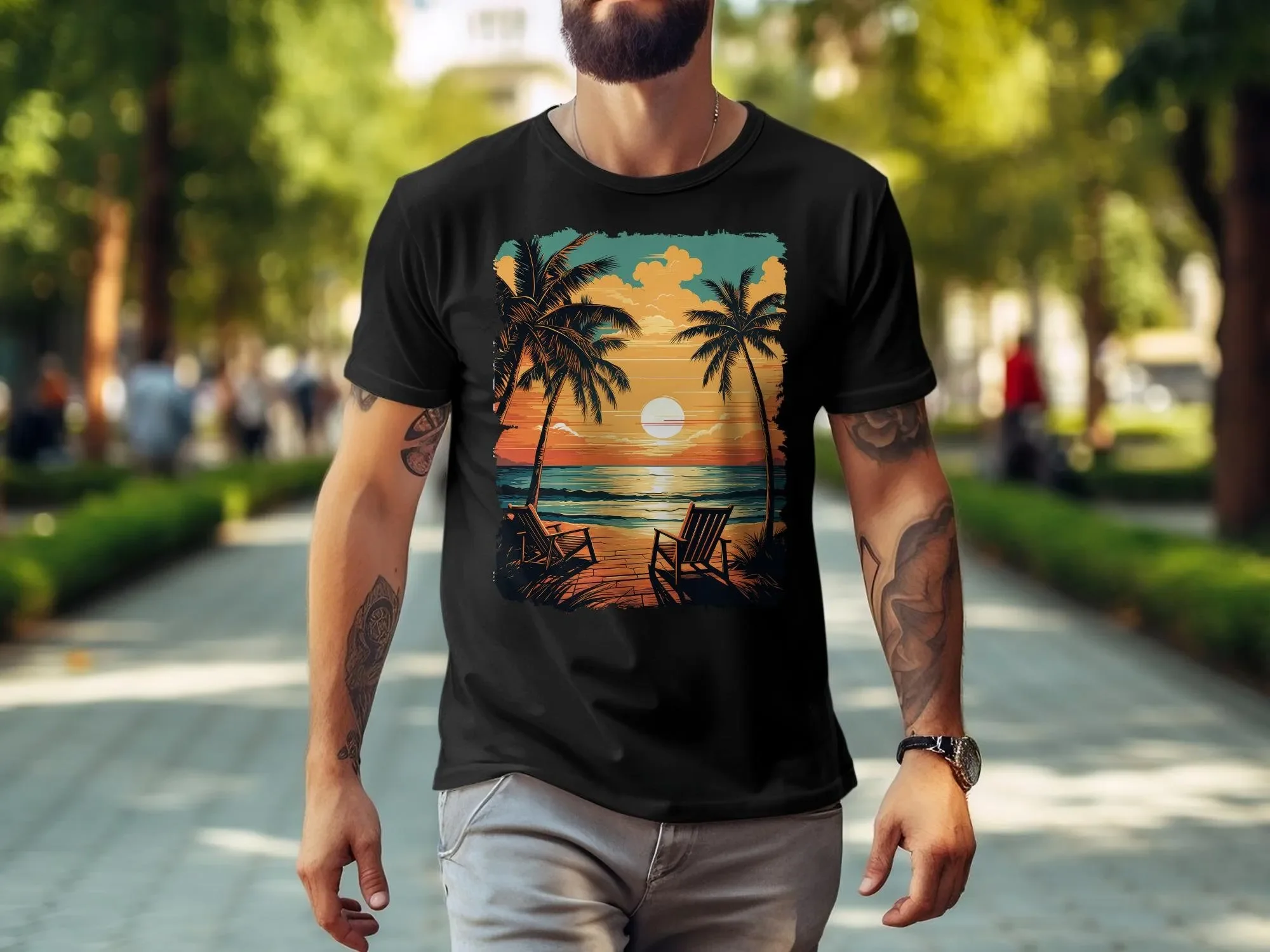 Tropical Beach Sunset T Shirt Palm Trees Relaxing Ocean View Casual Summer Wear