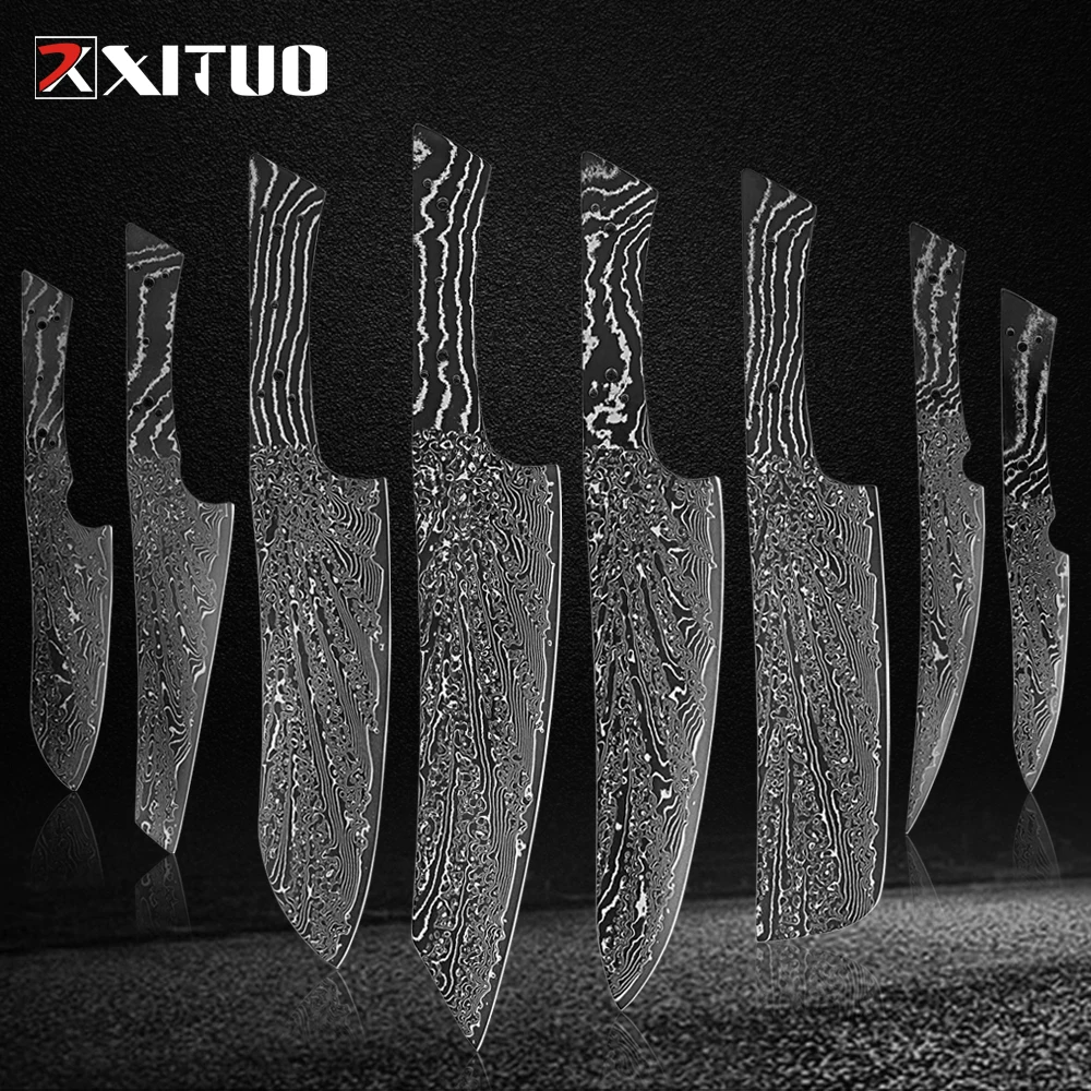 67 Layer Damascus Steel Knife Blank 1-8PCS Sharp and Durable Full Tang Black Blade Chef Santoku Knife Kitchen DIY Accessories