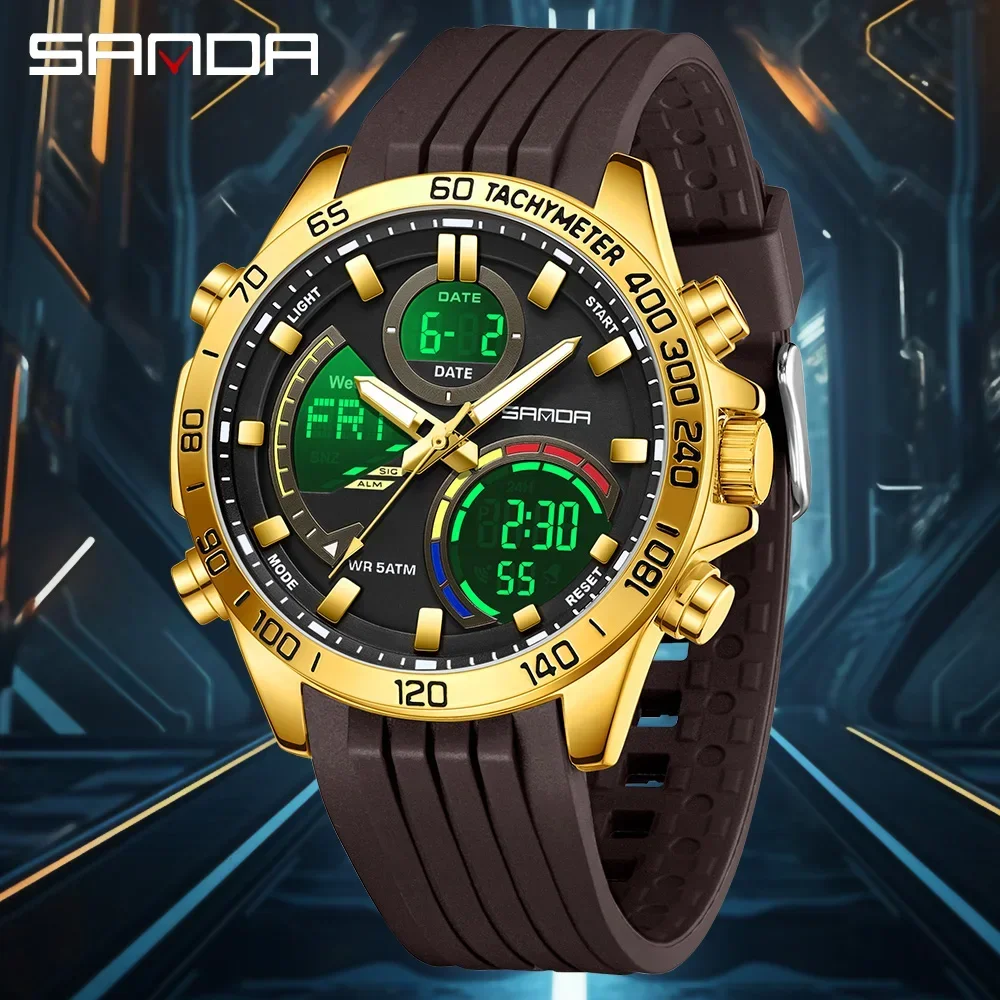 SANDA عرض مزدوج ساعة إلكترونية للرجال حركة مزدوجة 5ATM مقاوم للماء ضوء الليل ثلاثة الوقت الأرضي ساعة رياضية للطلاب 6269