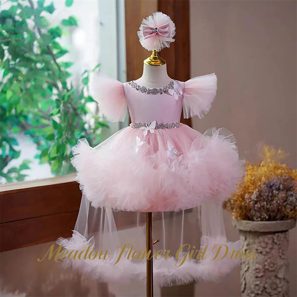 Meadow Blush Pink Tulle Flower Girl Dresses with Train Round Neck Kids Birthday Party Dress Crystal Trim Princess Girls Dress