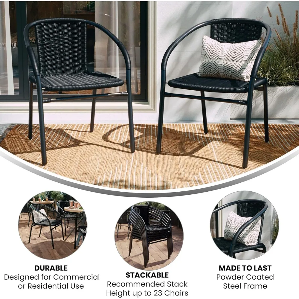 2 Pack Black Rattan Indoor-Outdoor Restaurant Stack Chair with Curved Back