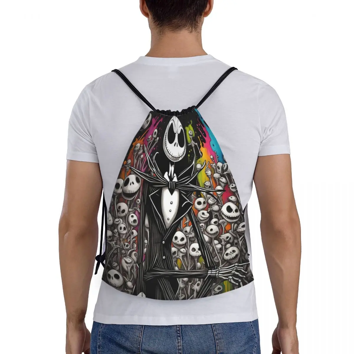 Custom Jack Skelington Drawstring Backpack Bags Lightweight The Nightmare Before Christmas Gym Sports Sackpack Sacks for Yoga