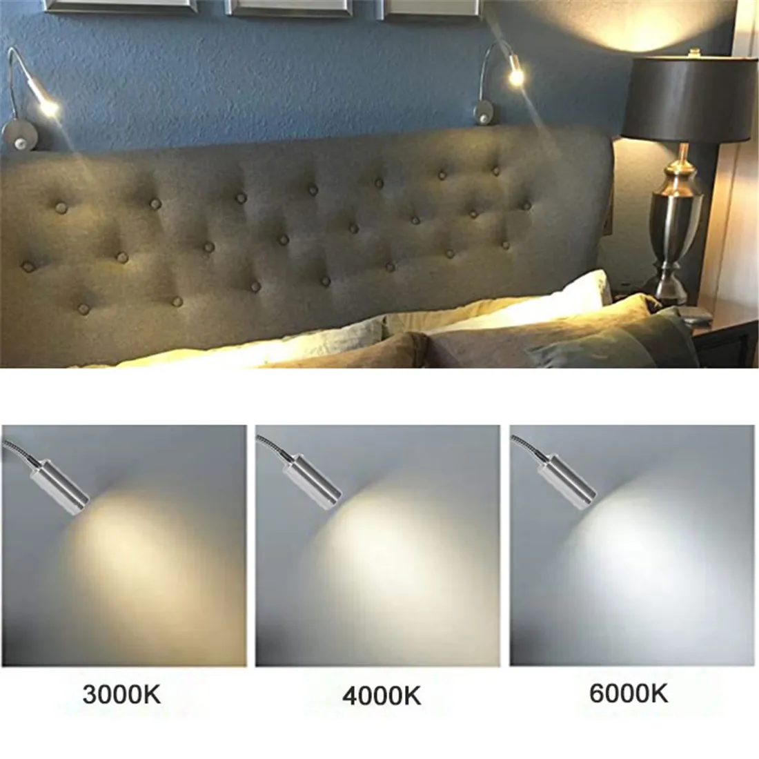 Luz Led de pared con cuello de cisne, lámpara con cable Flexible de 3 vatios, candelabro, iluminación para dormitorio, lectura, baño, color blanco y