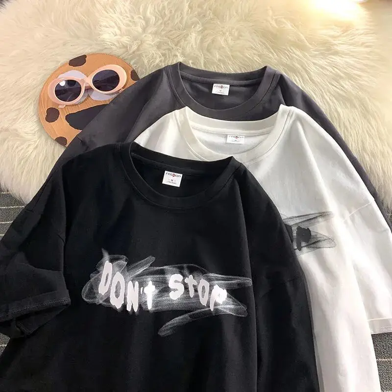 하라주쿠 빈티지 크리에이티브 레터 프린팅 여성 티셔츠, 유니섹스 루즈 반팔 상의, 캐주얼 스트리트웨어 패션