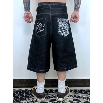 Street Hip Hop Pocket Embroidered Letter Printed Jeans Retro Oversized Men Shorts Wide-leg Pants In Spring And Summer Shorts