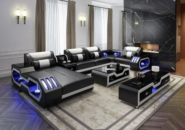 New arrival living room sofas super modern style living room furniture LED lamps top quality leather couch living room sofas