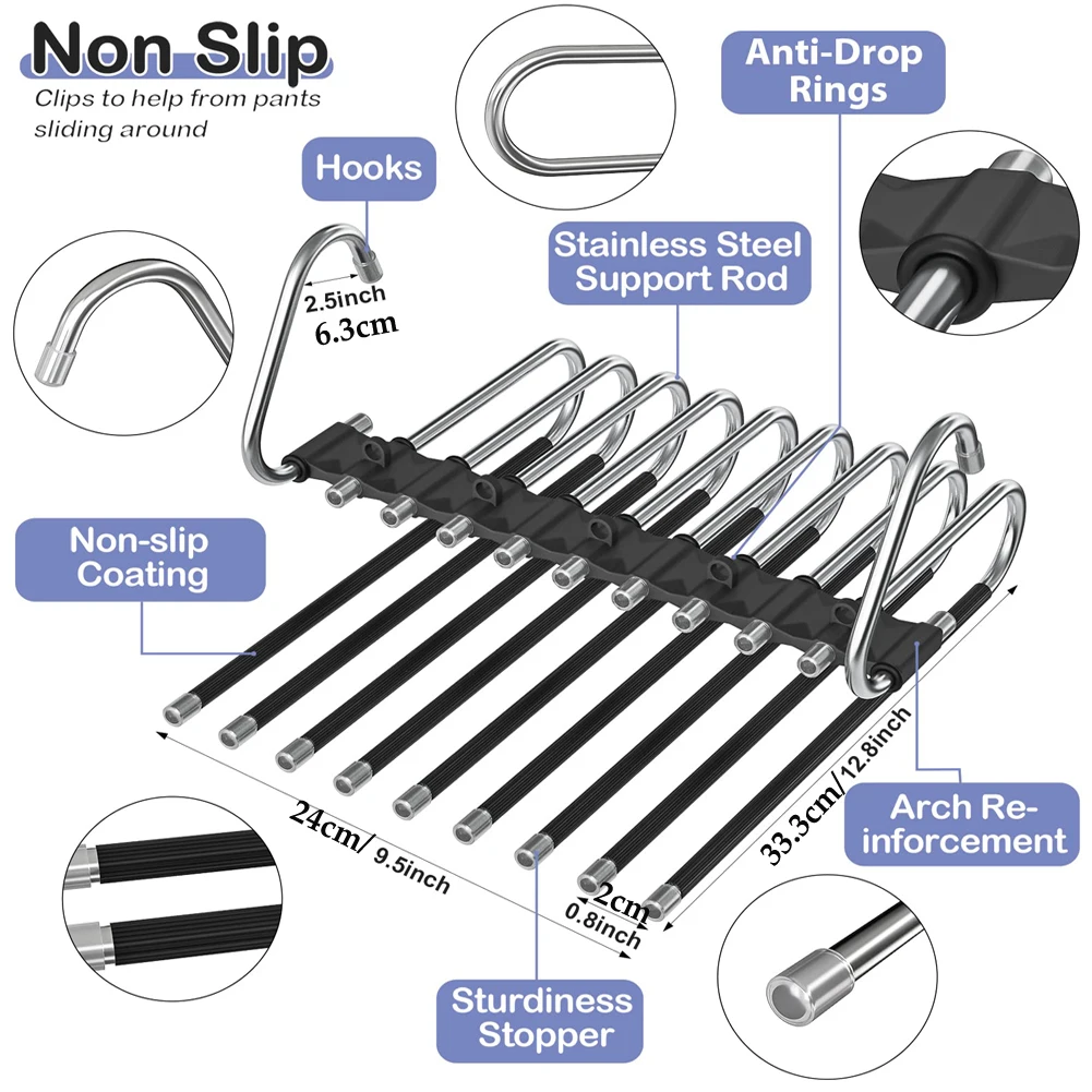 5 شبكات و9 شبكات شماعة بنطال قابلة للطي من الفولاذ المقاوم للصدأ - مشابك سحرية متعددة الطبقات ومنظم موفر للمساحة قابل للسحب