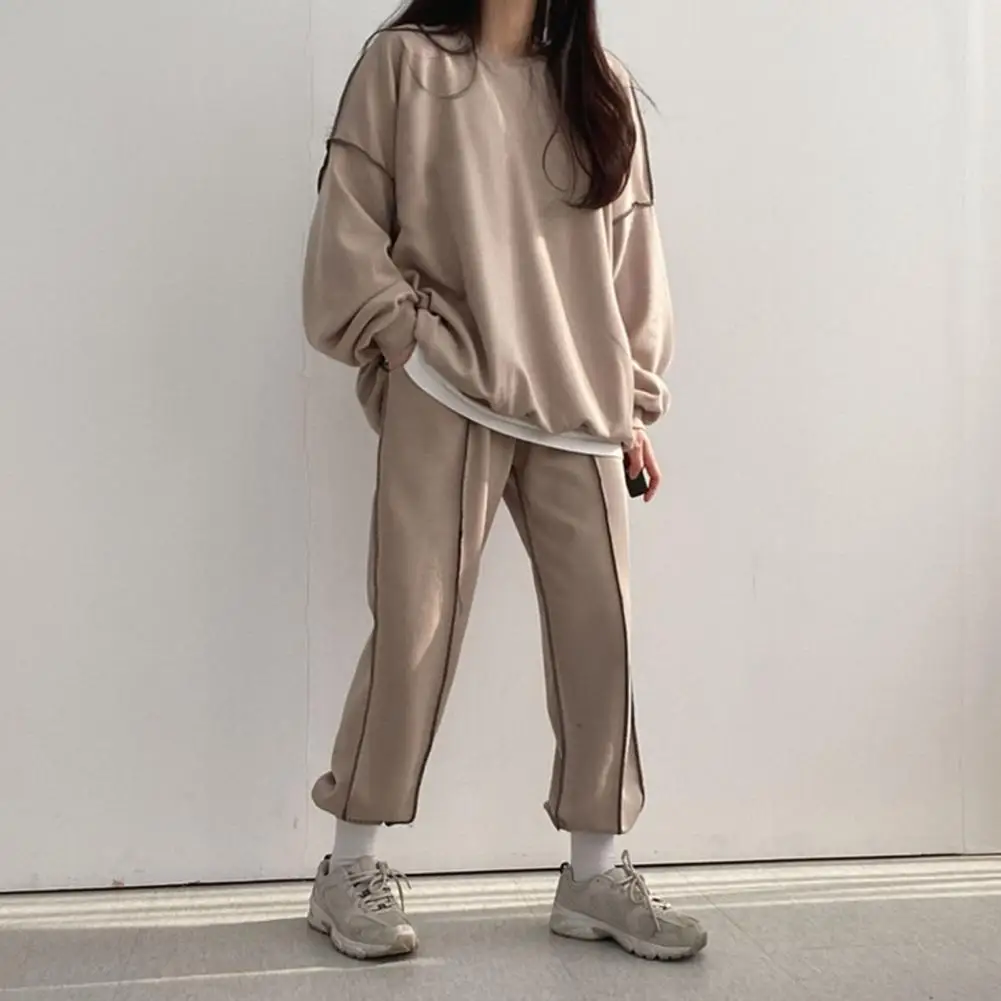 2Pcs/Set Women Top Pants Set Long Sleeves Solid Color Sweatshirt Elastic Waist Loose Trousers Sport Outfit Fall Spring Tracksuit