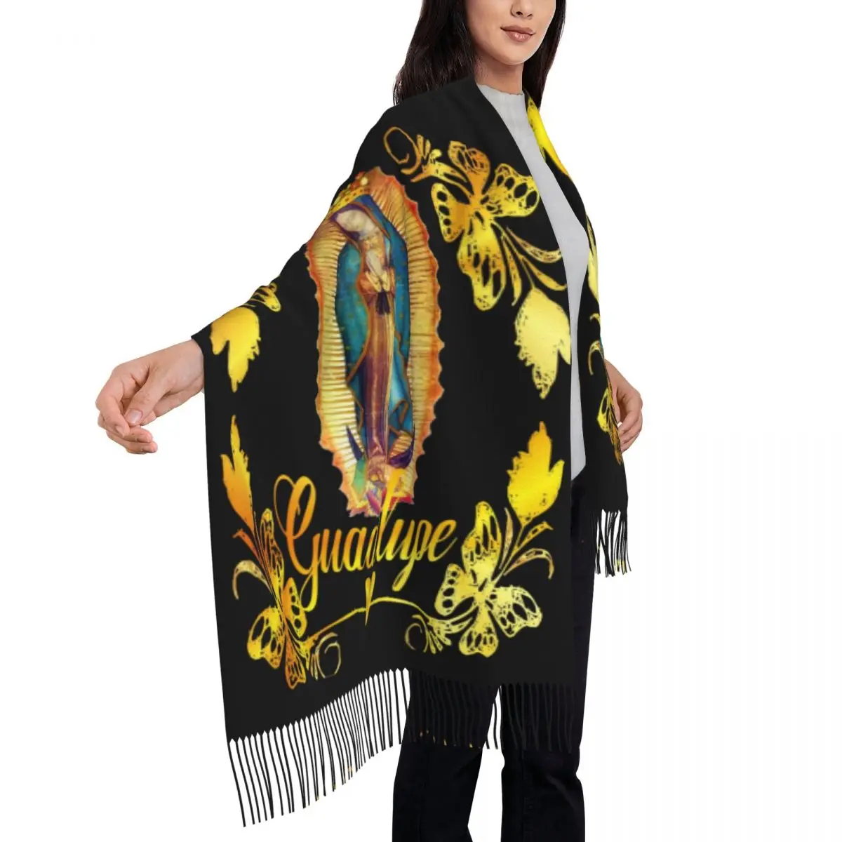 Custom Our Lady Of Guadalupe Virgin Mary Tassel Scarf Women Soft Mexico Mexican Virgen Maria Shawl Wrap Lady Winter Scarves