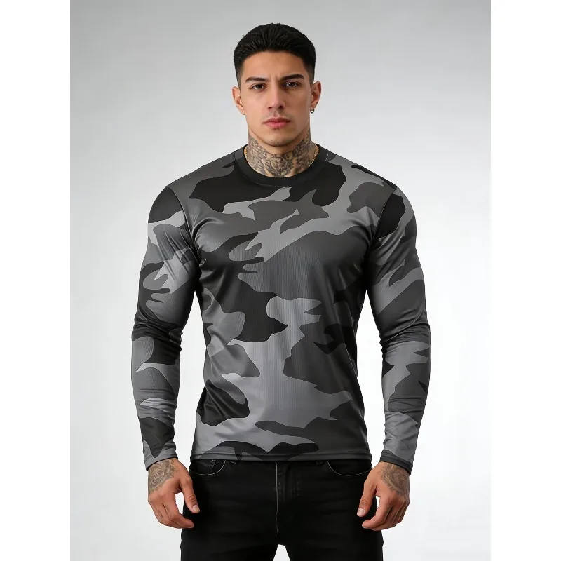Long Sleeved T-shirt Camouflage Printed Sports Top, Men's Fashionable Clothing