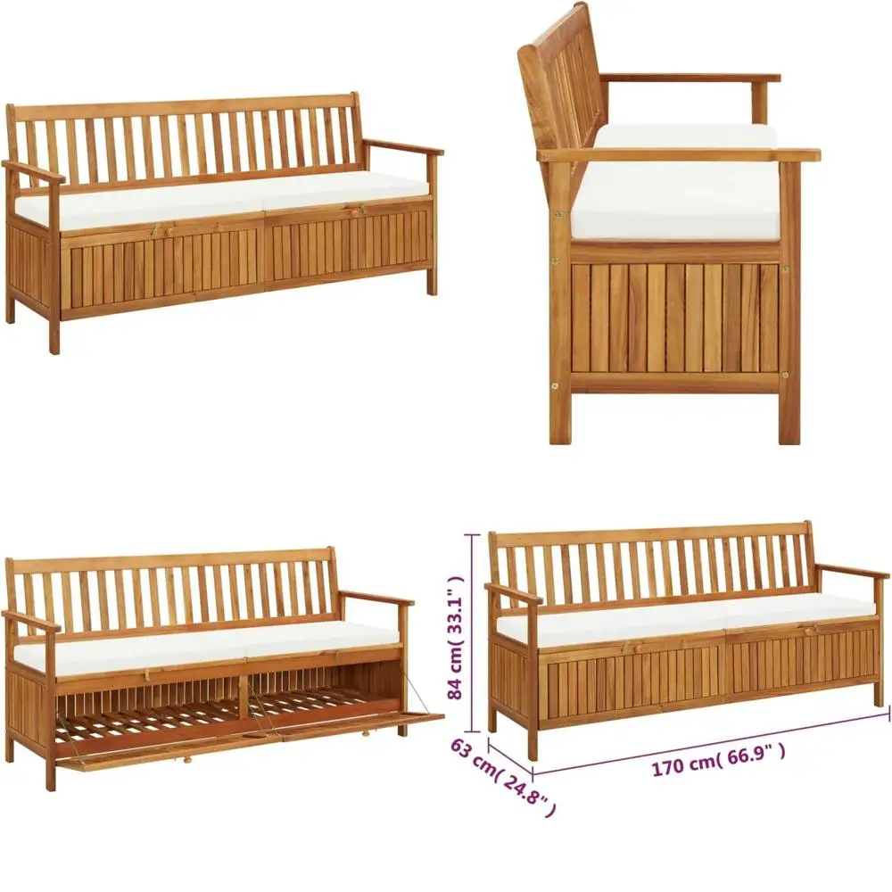 

Cream Cushioned Acacia Wood Storage Bench, 66.9 Inches, Natural Oil Finish, Easy Maintenance, Sturdy and Long-lasting