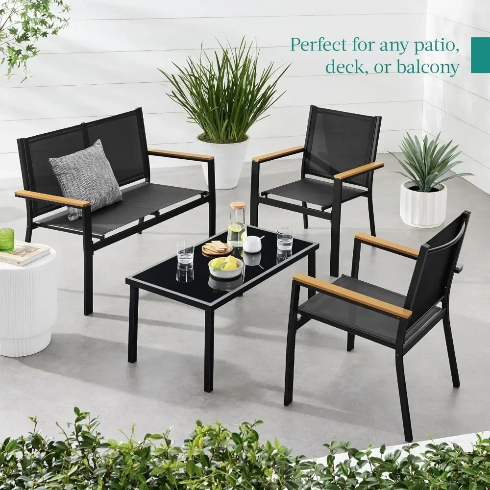 4-Piece Outdoor Textilene Patio Conversation Set, Backyard Furniture w/Loveseat, Coffee Table, Steel Frame
