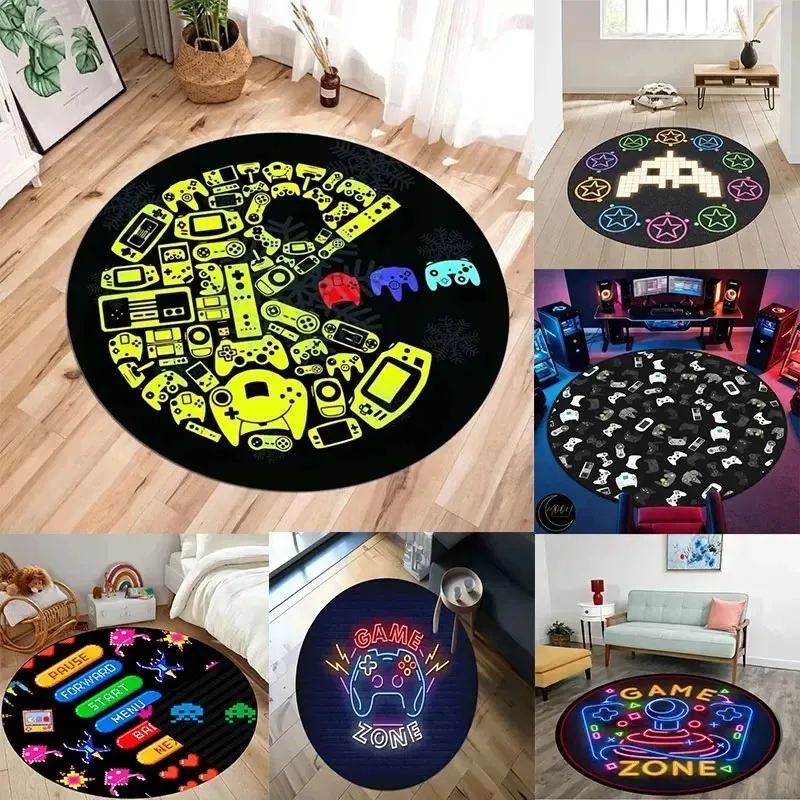 Tapete arcade dos anos 90, tapete de videogame, tapete colorido redondo de jogos retrô para sala de jogos, homem, caverna, sala de estar, decoração de quarto