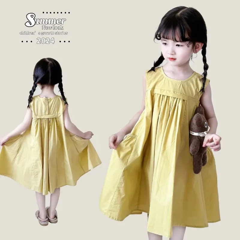 Summer Children Girl Sleeveless Dress 2-10Y Kids Round Collar Infant Babys Girl Dress Cotton Side Pockets Little Girl Dress