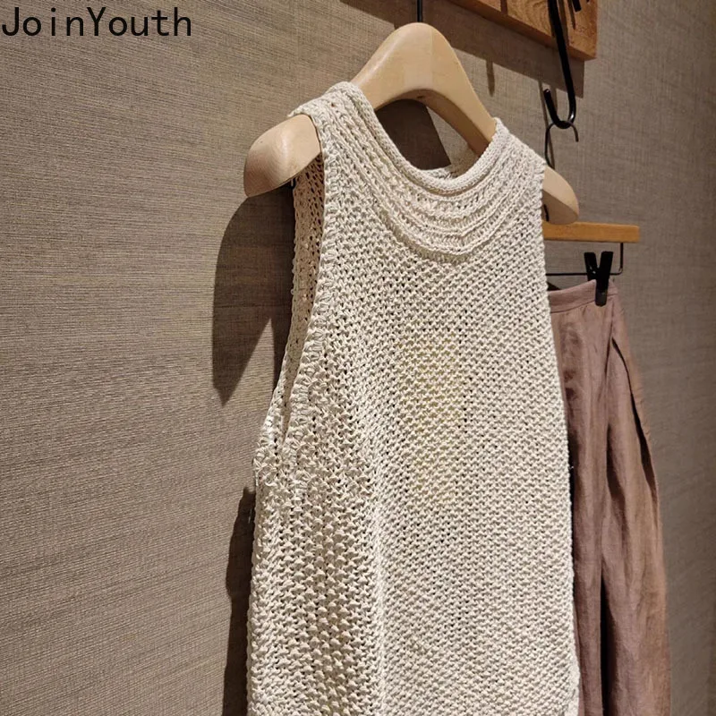 Fashion Crop Top Women Clothing Sleeveless O-neck Summer Tanks 2024 Ropa Mujer Casual Korean Camis Loose Hollow Out Knit Vest