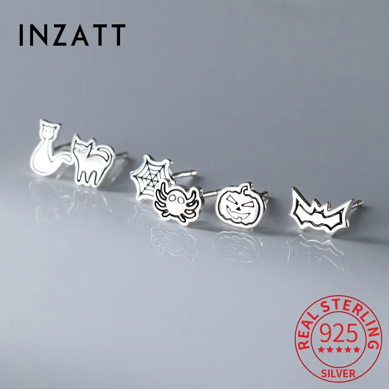 INZATT Real 925 Sterling Silver Pumpkin Spider Bat Cat Asymmetric Stud Earrings for Women Hiphop Fine Jewelry Halloween Gift