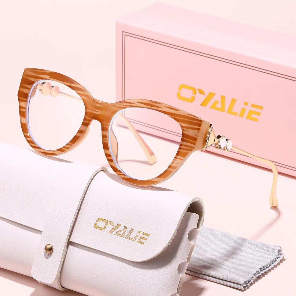 Oyalie マルチカラーのファッショナブルなキャットアイフレームメガネ、絶妙なラインストーンで装飾され、高級感を添え、さまざまな場面に適し、服装を補完します。