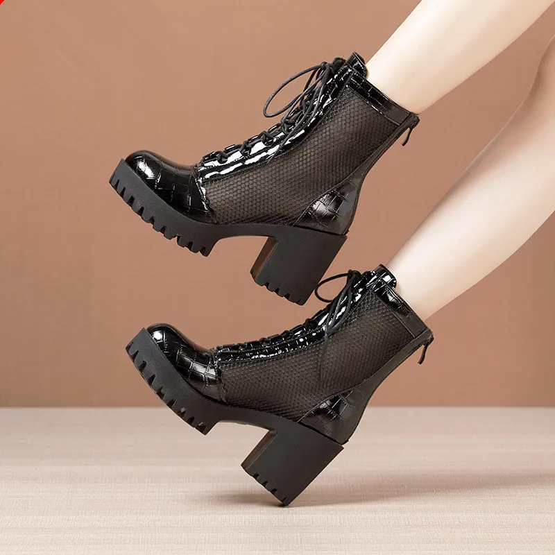 Plus Size 32-43 Lace up Genuine Leather Boots Women Shoes 2023 Summer Back Zip Medium Block Heel Cutout Boots Ladies Hole Shoe