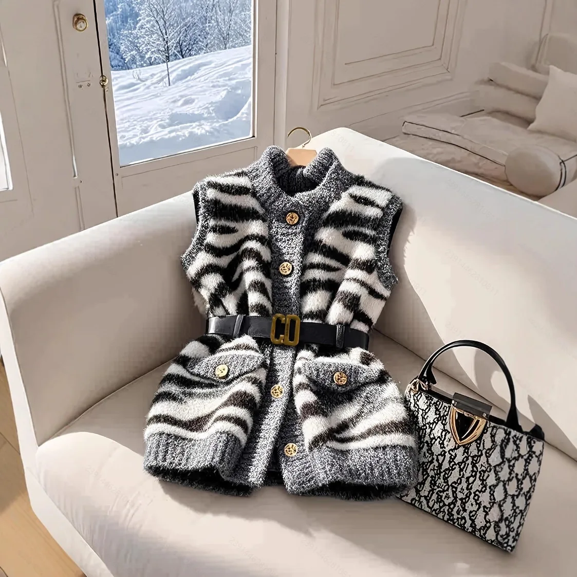 Women Striped Mohair Knitted Waistcoat Autumn Winter Gray Zebra Pattern Printed Sweater Vest Mohair Cashmere Cardigan Tank Tops