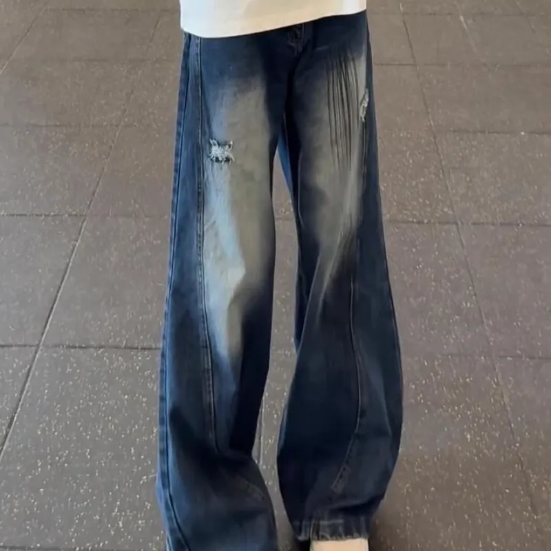 

Американские ретро-джинсы синего цвета для мужчин, летние, слегка расклешенные, свободного кроя, в стиле BF, широкие, с изогнутым кроем, в стиле lazy style.