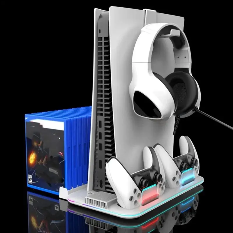Y44A Multi-Function Cooling Base for PS5 Slim PRO, Controller Stand for PS5 Slim PRO Digital and Optical Drive Version White