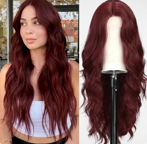 New fashion parting wig for ladies wine red long curly hair synthetic fiber high temperature silk wig full head cover