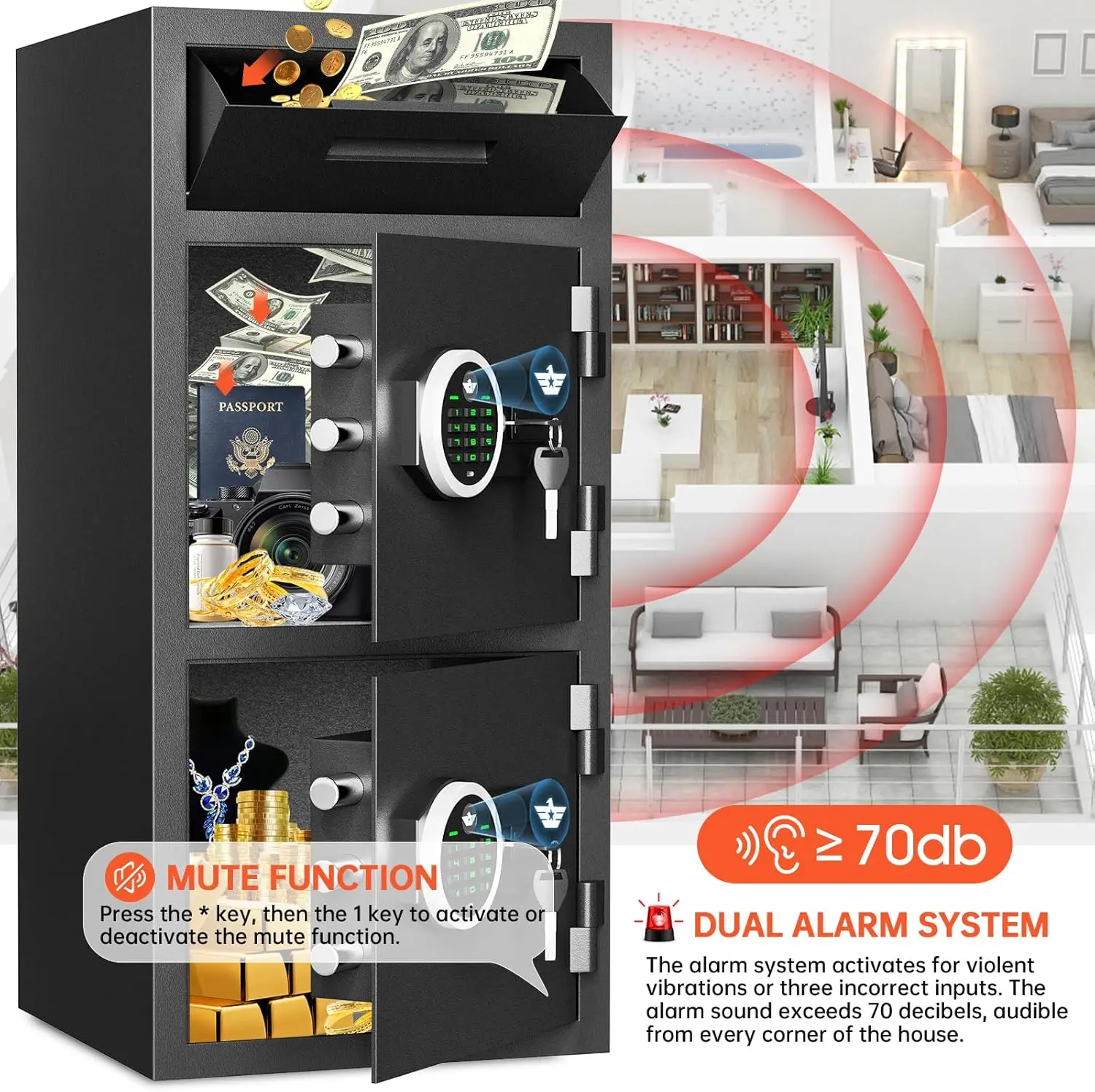 6.5 Cub Extra Large Home Safe Box Fireproof Waterproof with Drop Slot, Digital Drop Slot Safe with Double Door & Key Hook, Money