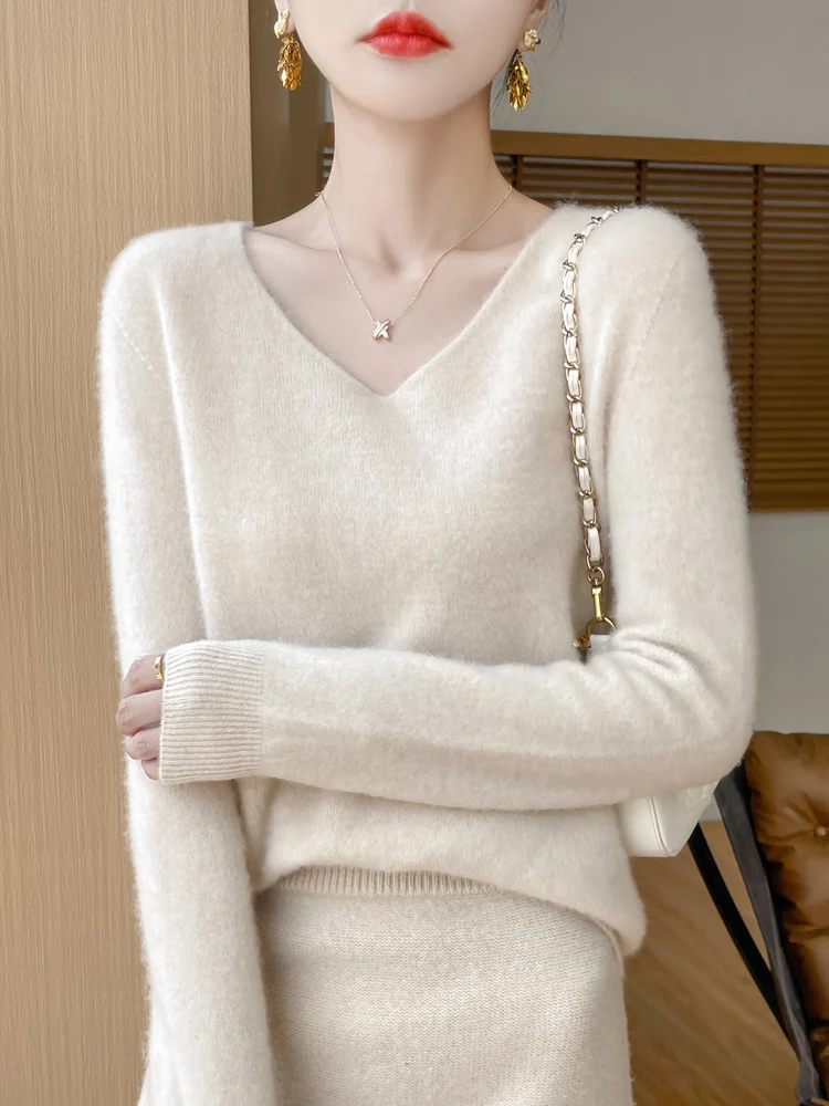 New Women's Sweater V-neck Cashmere Pullovers 100% Merino Wool Knitwear Autumn Winter Long Sleeve Basic Solid Chic Clothing Tops