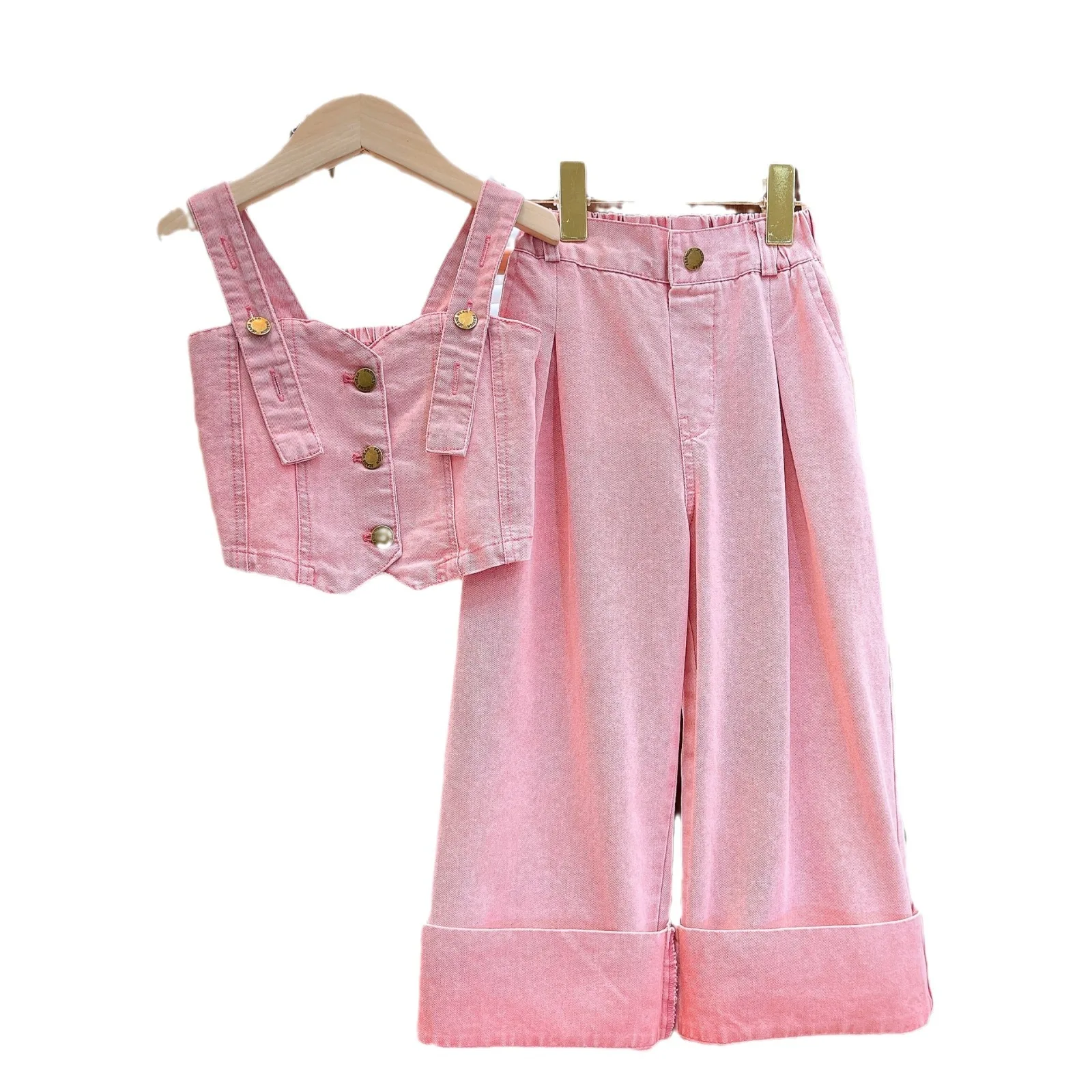 2024 summer new medium and large children fashion denim suit style halter straight pants two-piece set 110 120 130 140 150 160cm