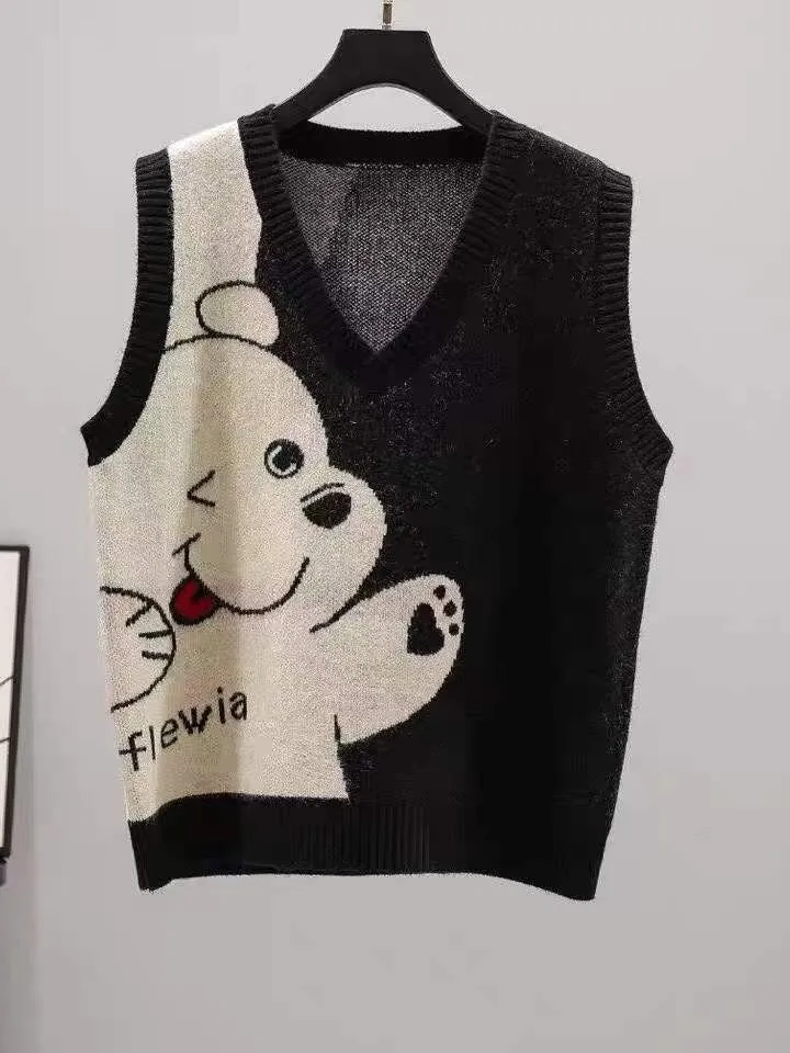 Bear Print Color Block Knitted Vest Women's Sweater Warm Inner Wear V-Neck Loose Fit Commute Style Autumn Fashion